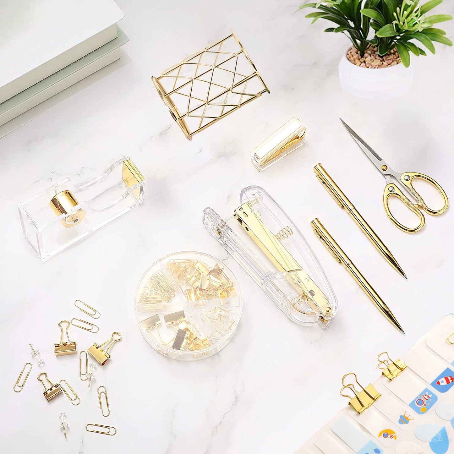 Gold Desk Accessories,Office Supplies Set Acrylic Stapler Set Staple Remover, Tape/Pen Holder, 2 Ballpoint Pen, Scissor, Binder/Paper Clips and 1000Pcs Staples.