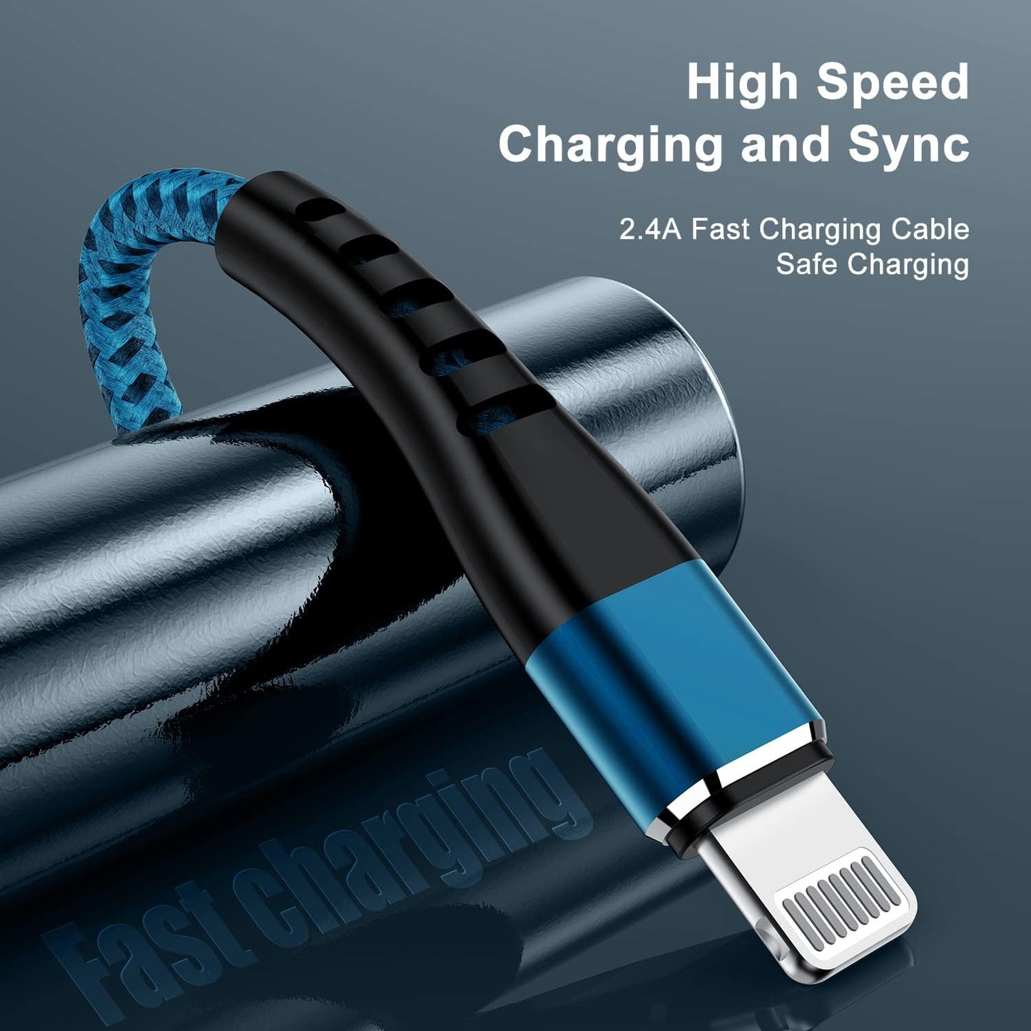 Apple MFI Certified 3 Pack Iphone Charger 3Ft,  Long Lightning Cable Strong Nylon Braided Charging Cable 3 Foot, Fast Iphone USB Cord for Apple Iphone11/ X/Xs/Xr/8/7/6/5S/Se/Ipad Mini Air（Blue）