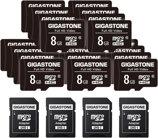 8GB 20-Pack Micro SD Card, Full HD Video, Surveillance Security Cam Action Camera Drone, 80Mb/S Micro SDHC Class 10, with Adapters